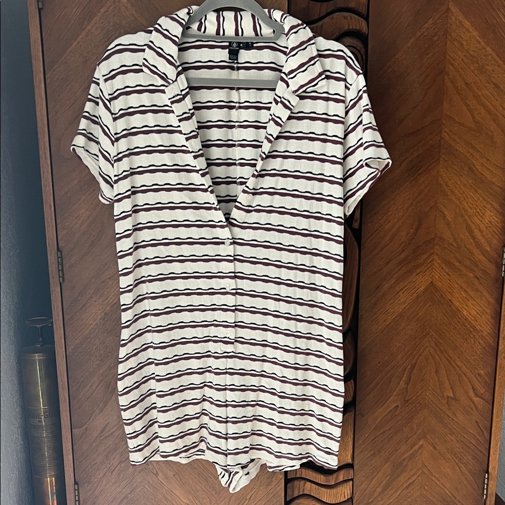 Volcom Women's Striped Button Down Romper - White and Brown